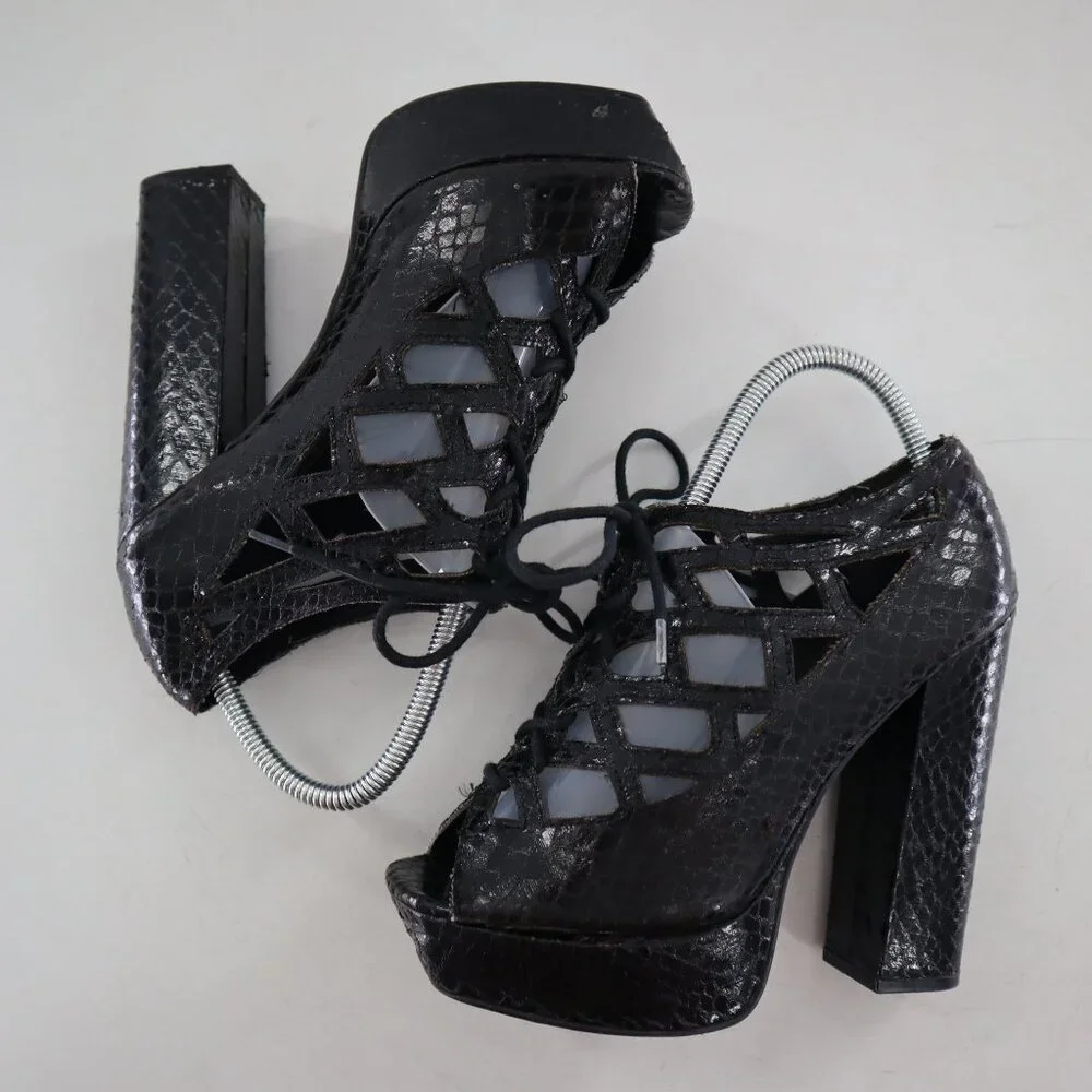 Mia Gilly Platform Heels Womens 8M Black Y2K Strappy Snakeskin Edgy Clubbing 90s